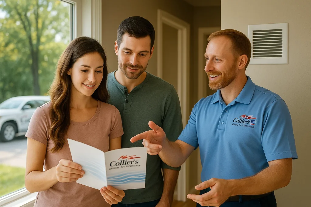 Indiana homeowners consult HVAC technician about August AC installation options.