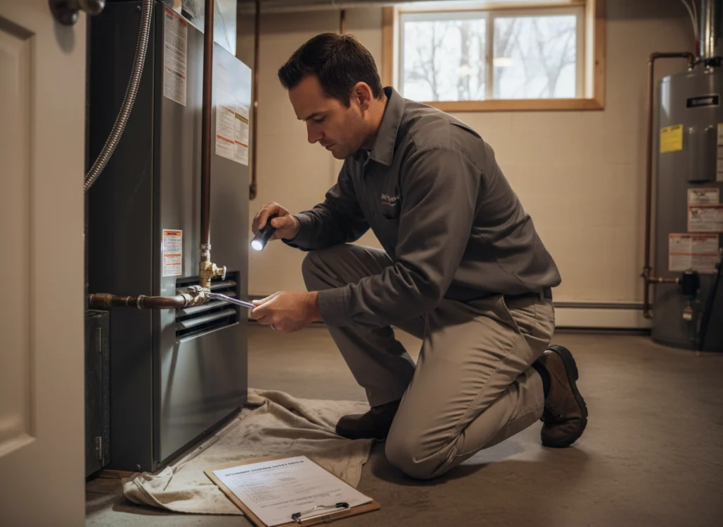 HVAC technician repairing gas furnace during December safety check with snow outside window
