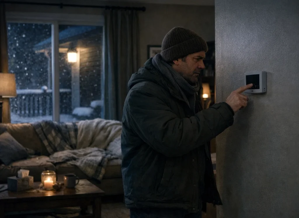 Homeowner checking thermostat during nighttime winter heating breakdown
