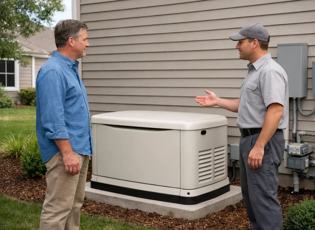 Homeowner reviews standby generator options with technician in Indiana