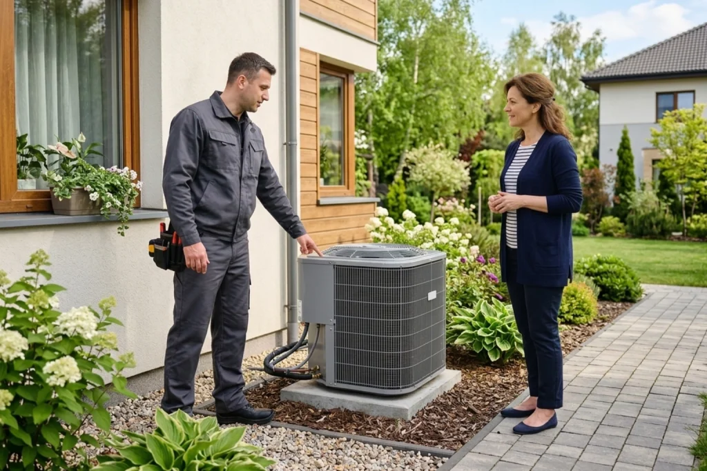 Homeowner discussing pre-summer HVAC maintenance with technician