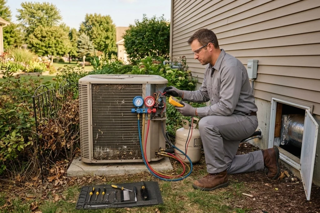 HVAC technician diagnosing energy-wasting air conditioner