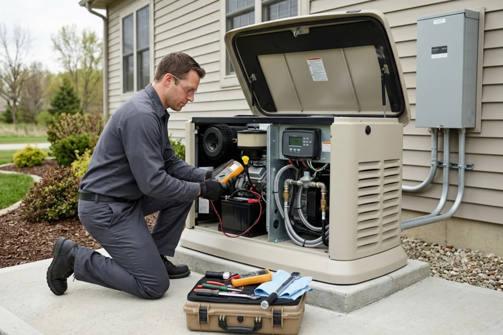 Technician checking residential standby generator and transfer switch