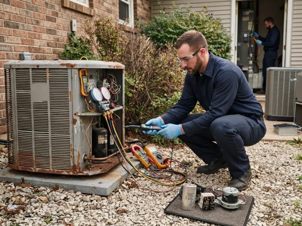 HVAC technician evaluating an older AC system for repair or replacement